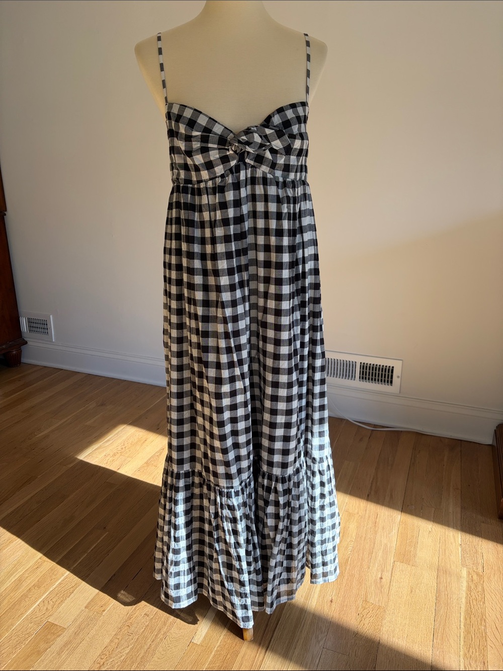 Black & White Gingham Maxi Dress with Tie Front